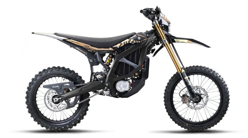Modified Sur-Ron Ultra Bee — black with gold rims